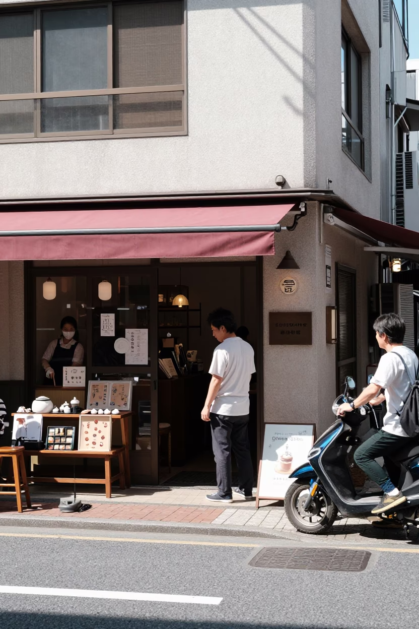 Busy Tokyo Street Corner Under Flat Noon Light with Hanging Signs and Pedestrians in in Tokyo, Japan