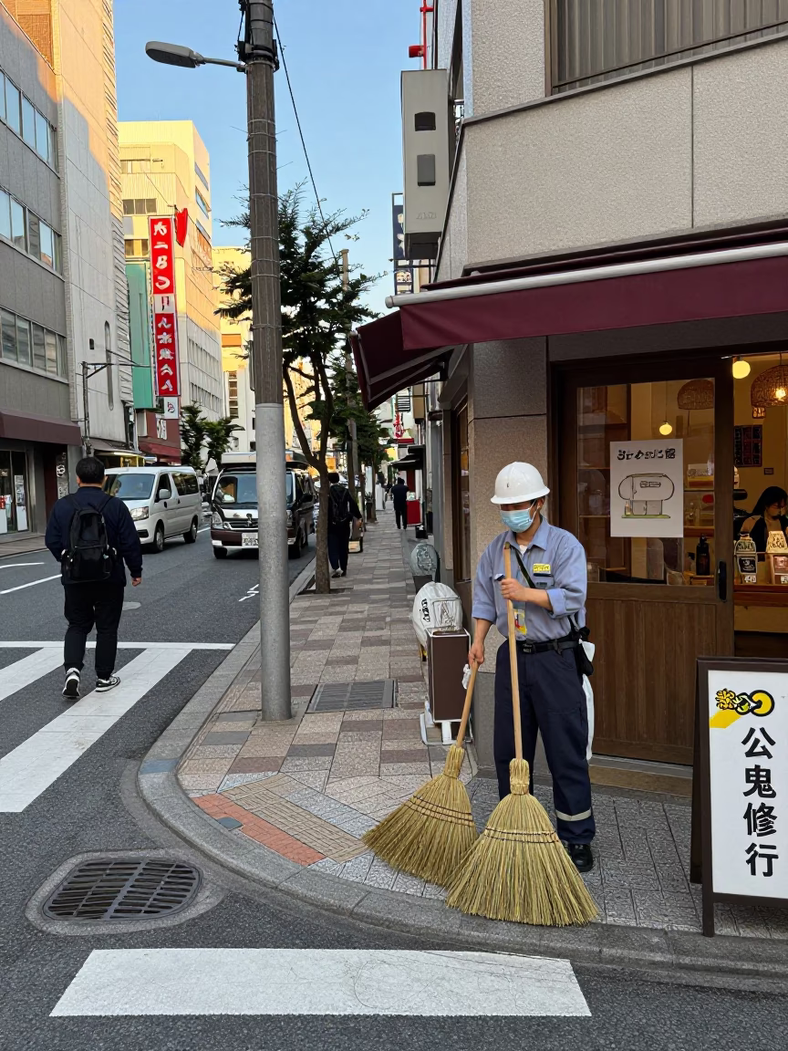 Busy Tokyo Street Corner with Brooms and Urban Life in Early Afternoon in in Tokyo, Japan