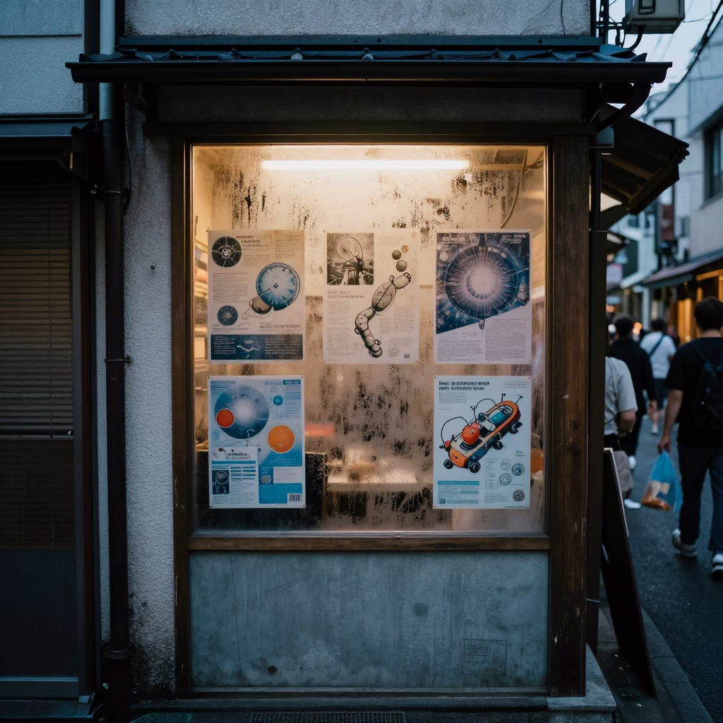 Busy Tokyo Street Evening with Condensation Window Science Posters and City Lights in in Tokyo, Japan