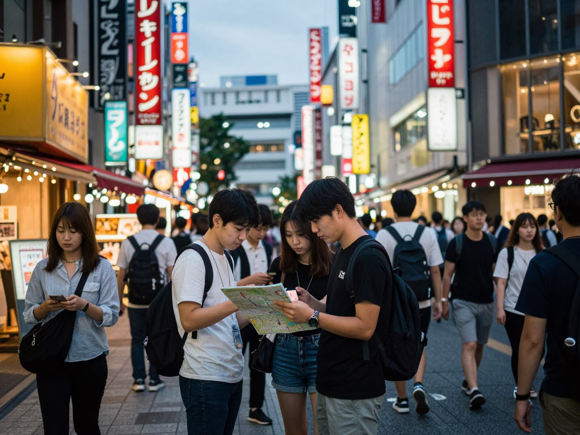 Busy Tokyo Street Evening with Neon Signs and Pedestrians Near Fountain in in Tokyo, Japan