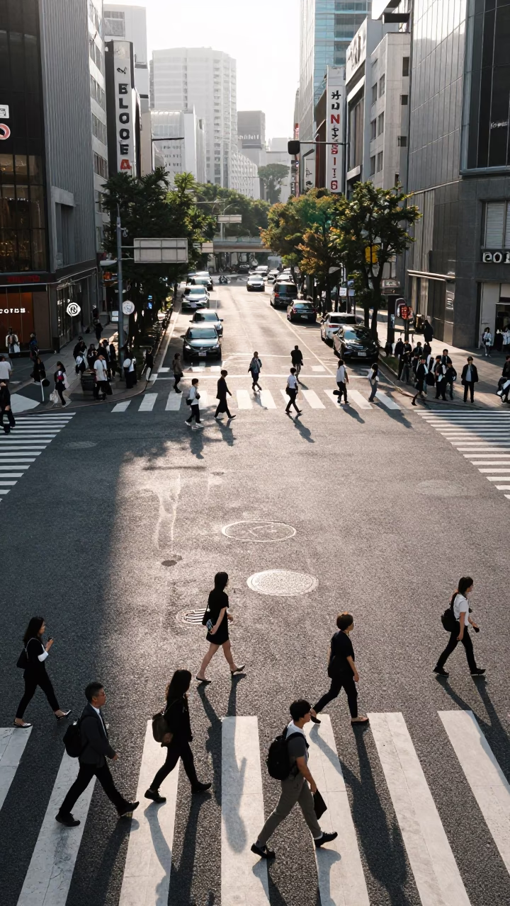 Busy Tokyo Street Intersection Early Afternoon with Urban Pedestrians and City Architecture in in Tokyo, Japan