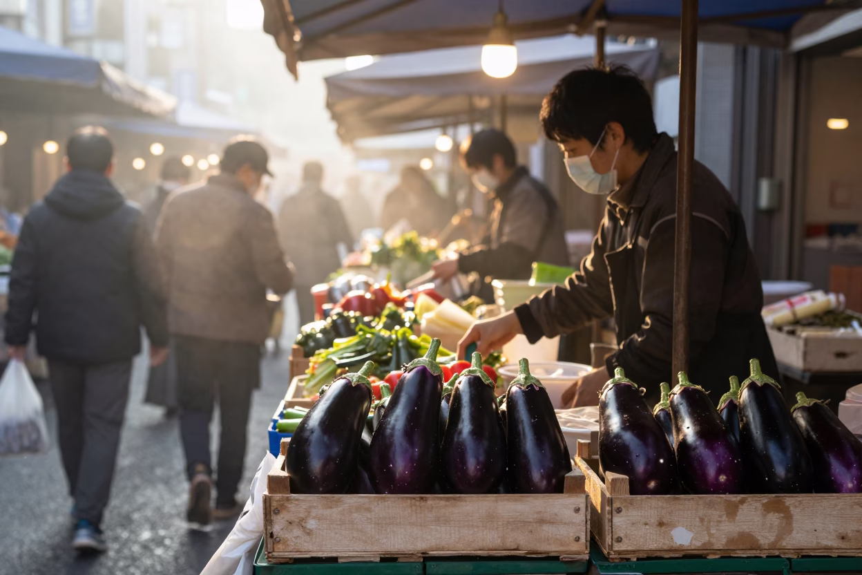 Busy Tokyo Street Market Stall at Dawn with Eggplants and Substation Insulators in in Tokyo, Japan