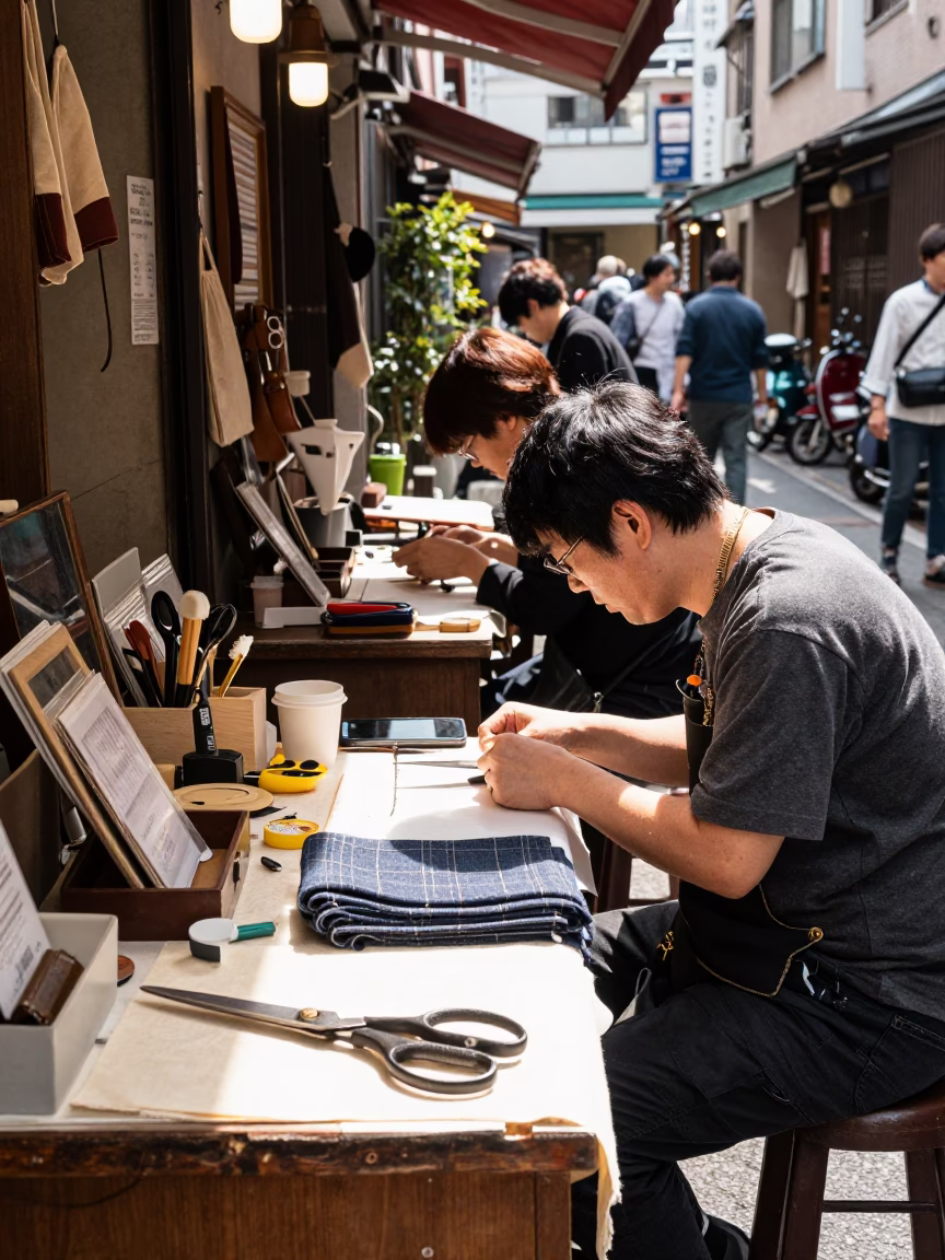 Busy Tokyo Street Midday Scene with Tailor Shears and Traditional Architecture in in Tokyo, Japan