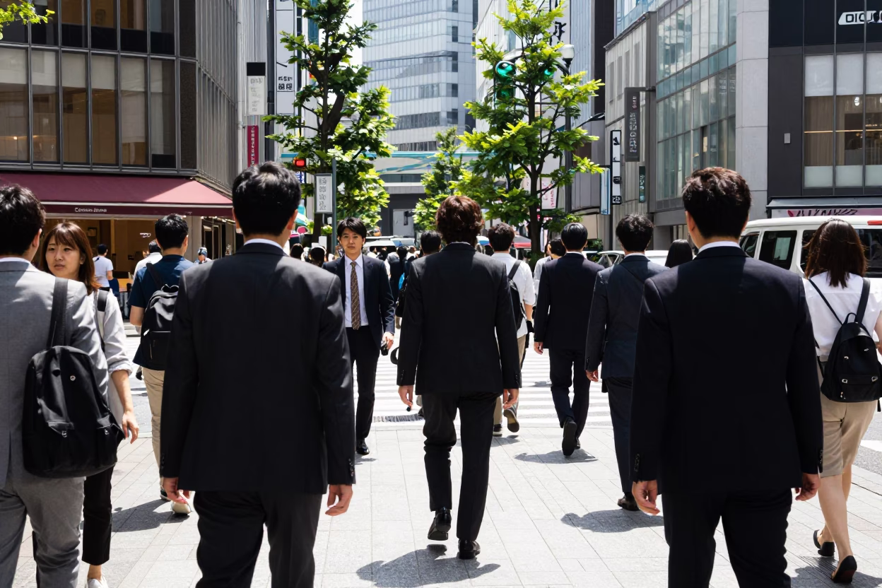 Busy Tokyo Street Midday Scene with Whisk and Alarm Clock in 1980s Japan in in Tokyo, Japan