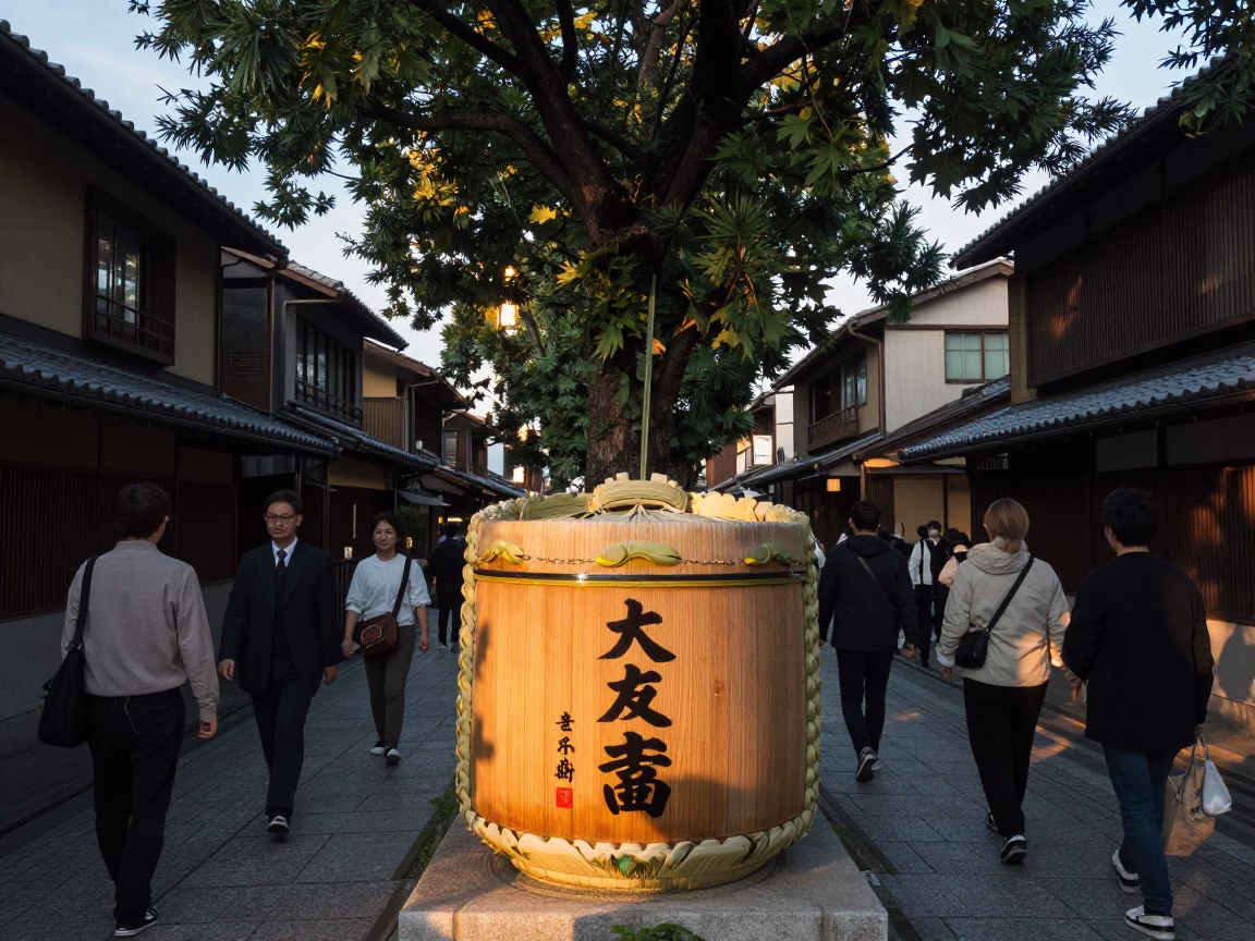 Busy Tokyo Street Morning Light Capturing Traditional Sake Barrel and Commuter Crowd in in Tokyo, Japan