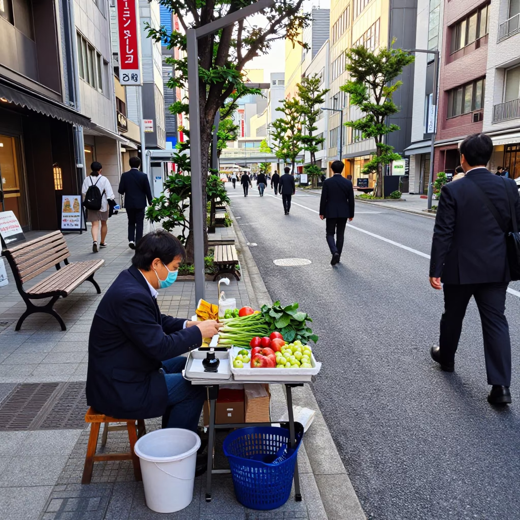 Busy Tokyo Street Morning with Vendor and Traditional Items in Japan in in Tokyo, Japan
