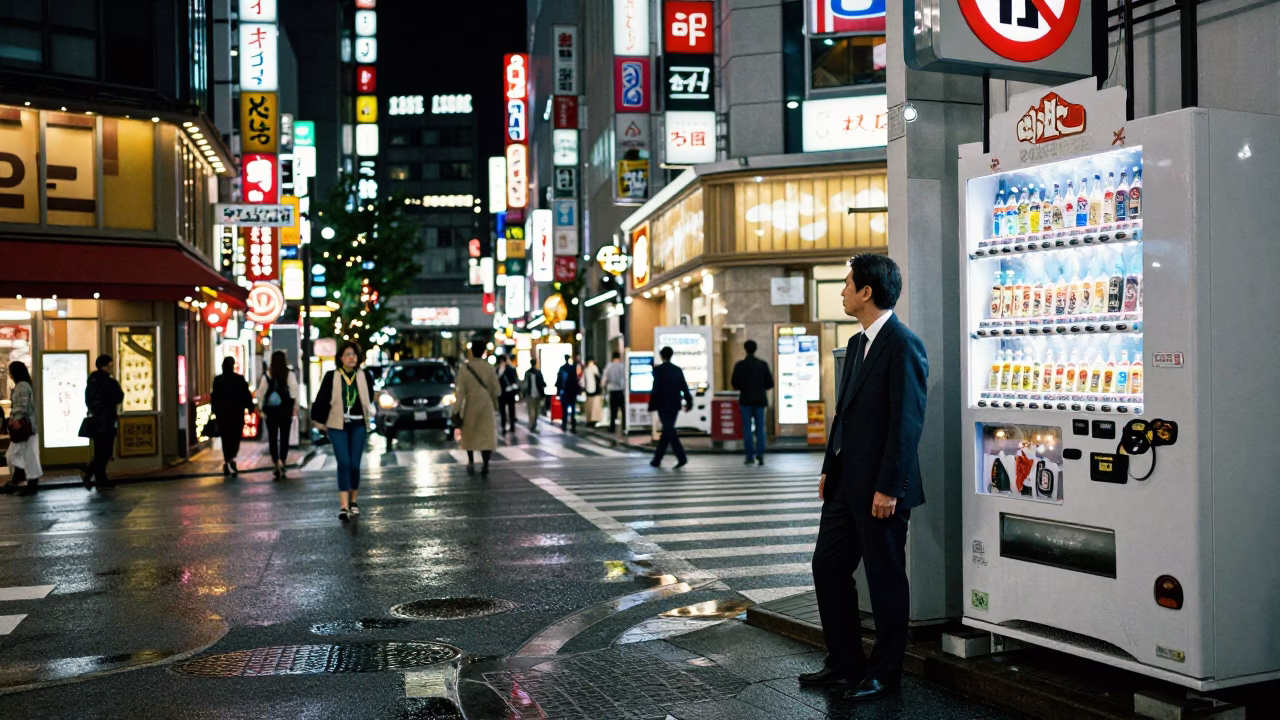 Busy Tokyo Street Night Scene with Neon Signs and Pedestrians in 1980s Japan in in Tokyo, Japan