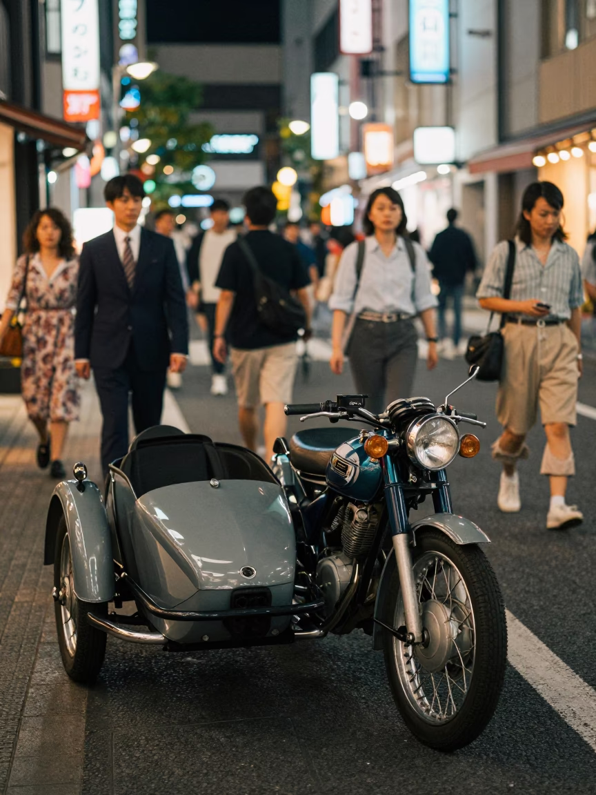 Busy Tokyo Street Night with Vintage Motorcycle Sidecar and Neon Lights in in Tokyo, Japan