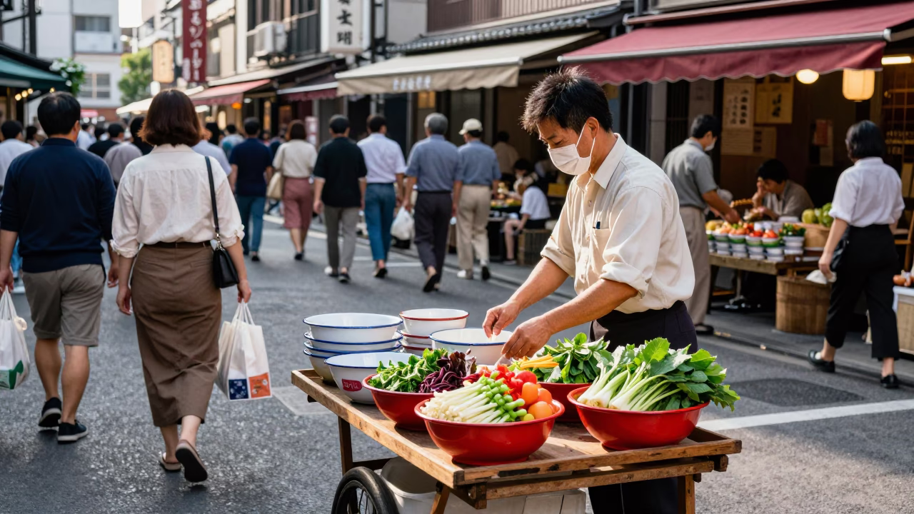 Busy Tokyo Street Scene 1960s with Enamel Bowls and Traditional Architecture in in Tokyo, Japan