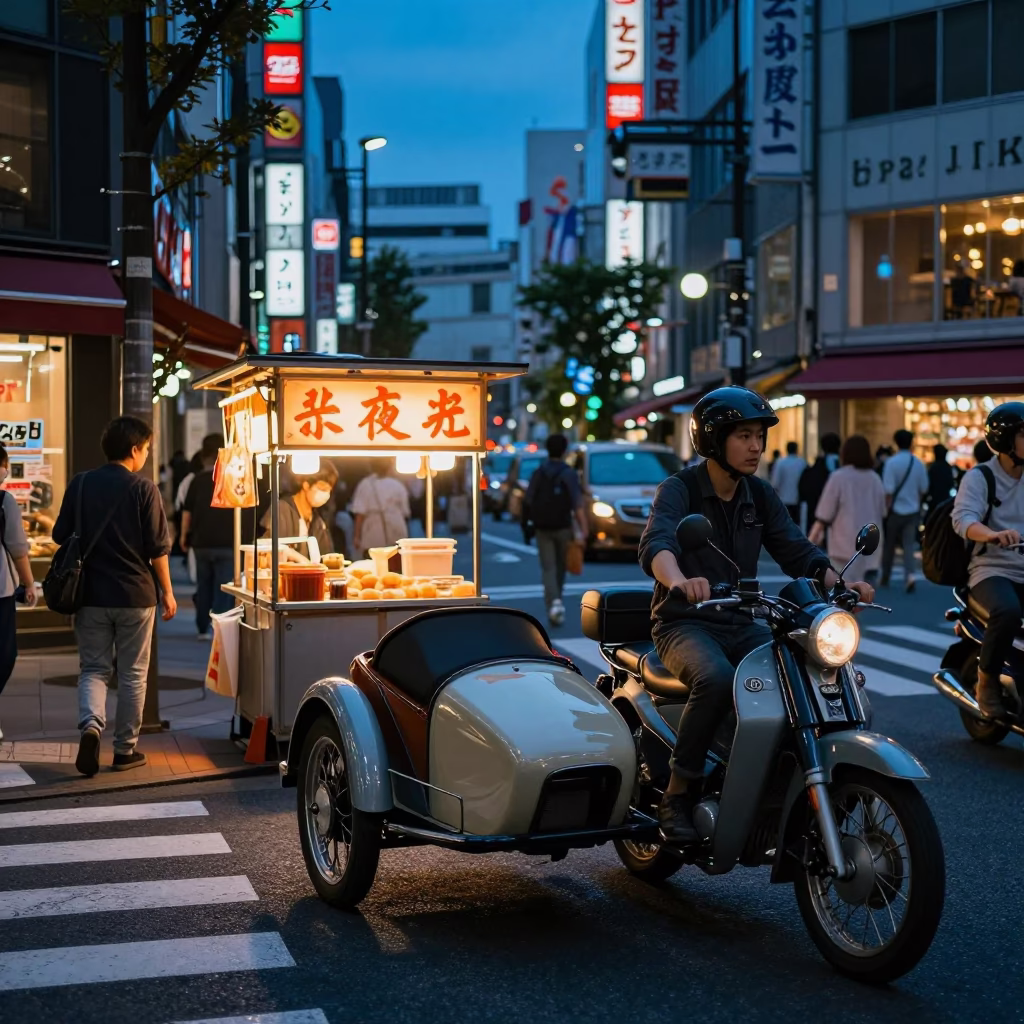Busy Tokyo Street Scene at Blue Hour with Vintage Motorcycle Sidecar and Grilling Kebab in in Tokyo, Japan