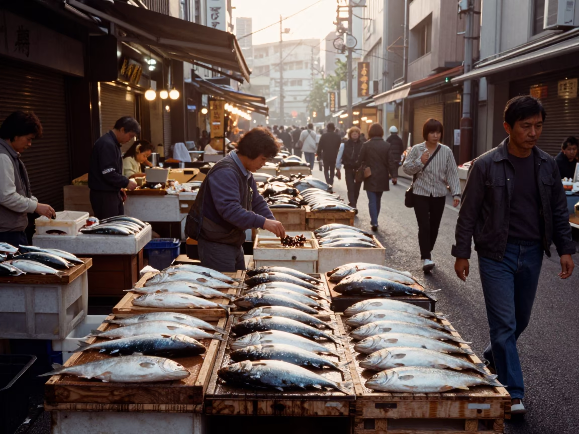 Busy Tokyo street scene at dawn with fish market scales and morning commuters in in Tokyo, Japan