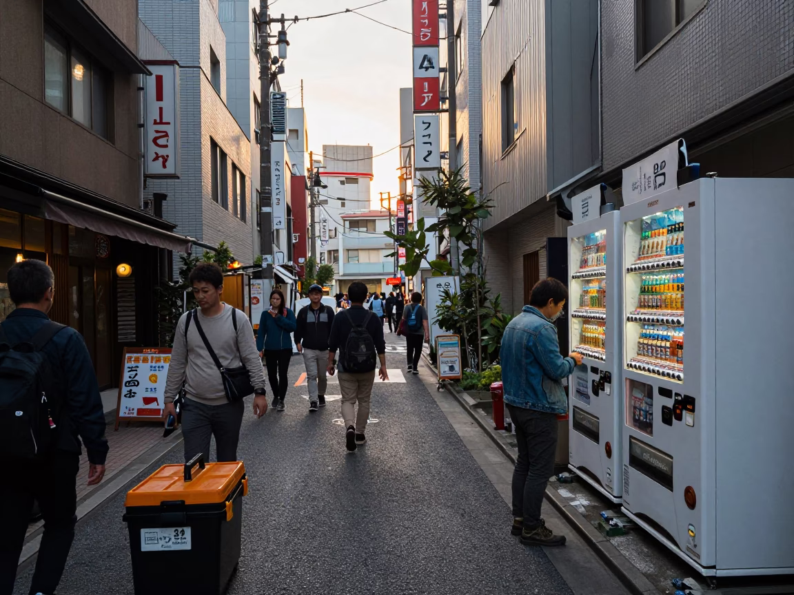 Busy Tokyo Street Scene at Dawn with Toolbox and Urban Details in in Tokyo, Japan