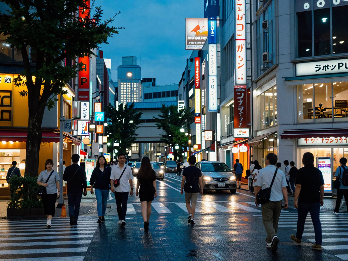 Busy Tokyo Street Scene at Dusk with Neon Lights and Bicycle in in Tokyo, Japan