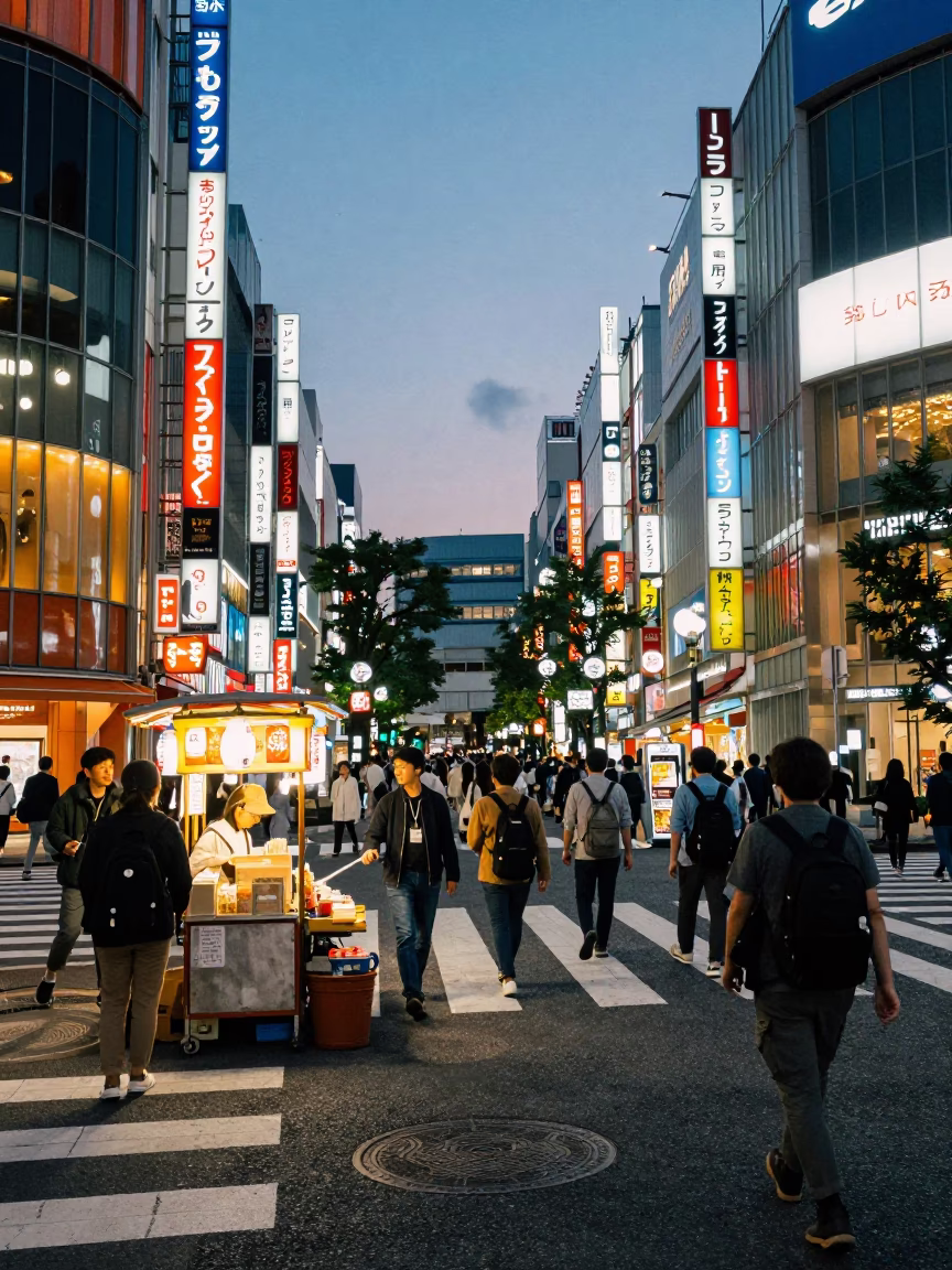 Busy Tokyo Street Scene at Dusk with Neon Lights and Local Vendors in in Tokyo, Japan
