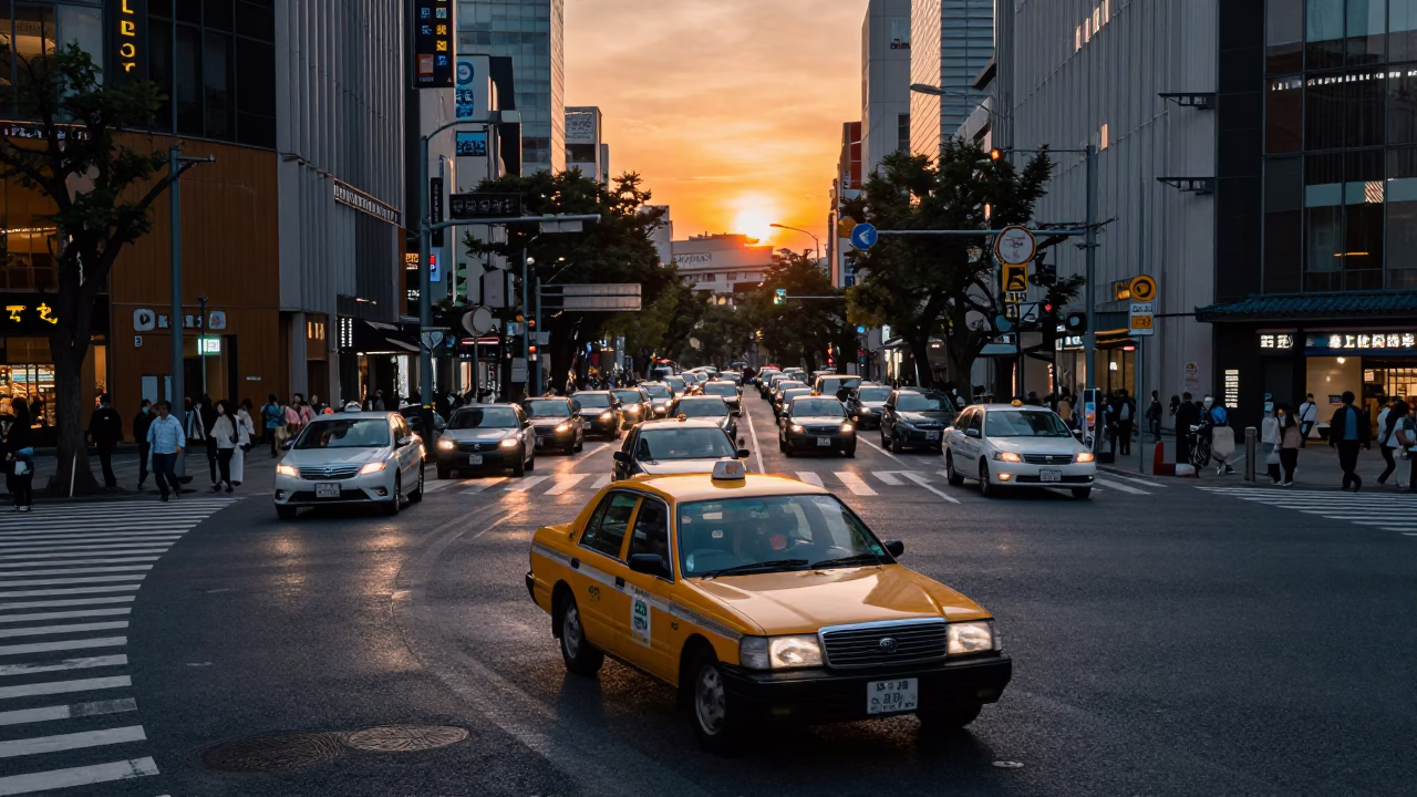 Busy Tokyo Street Scene at Dusk with Yellow Taxi and Urban Life in in Tokyo, Japan