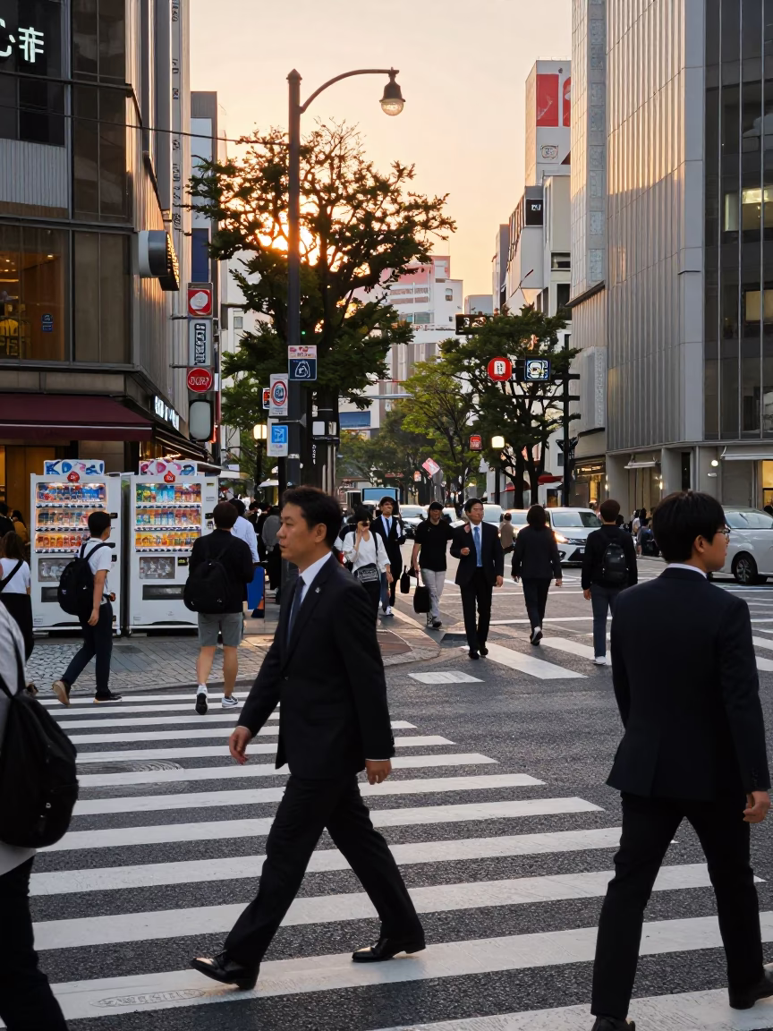 Busy Tokyo Street Scene at Golden Hour with Vending Machines and Pedestrians in in Tokyo, Japan