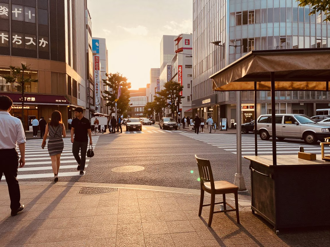 Busy Tokyo Street Scene at Golden Hour with Vintage 1950s Atmosphere in in Tokyo, Japan