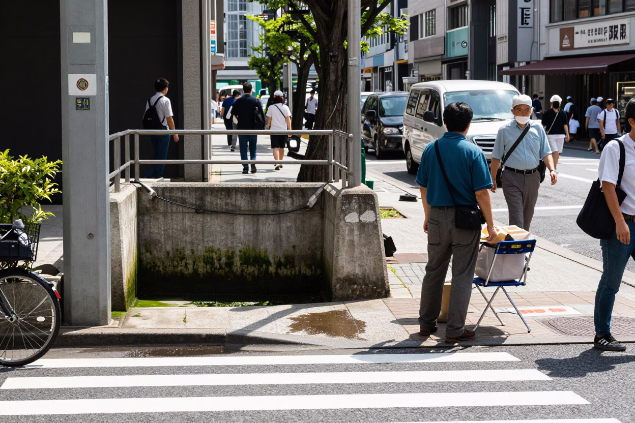 Busy Tokyo Street Scene at Midday with Concrete Floodgate and Urban Details in in Tokyo, Japan
