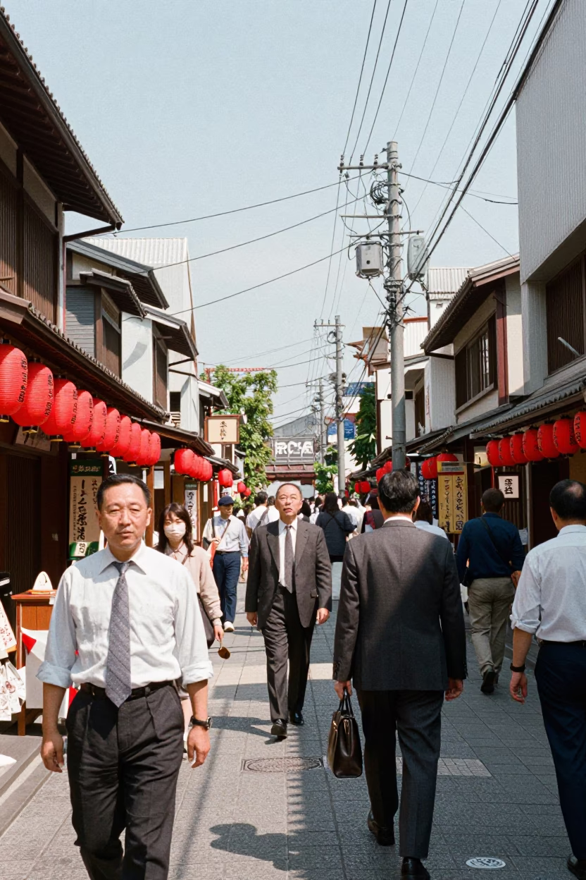 Busy Tokyo Street Scene at Midday with Traditional Lanterns and Urban Pedestrians in in Tokyo, Japan