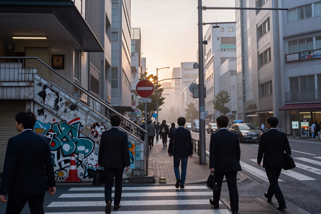 Busy Tokyo Street Scene at Nautical Dawn with Art-Adorned Metro Station Entrance in in Tokyo, Japan