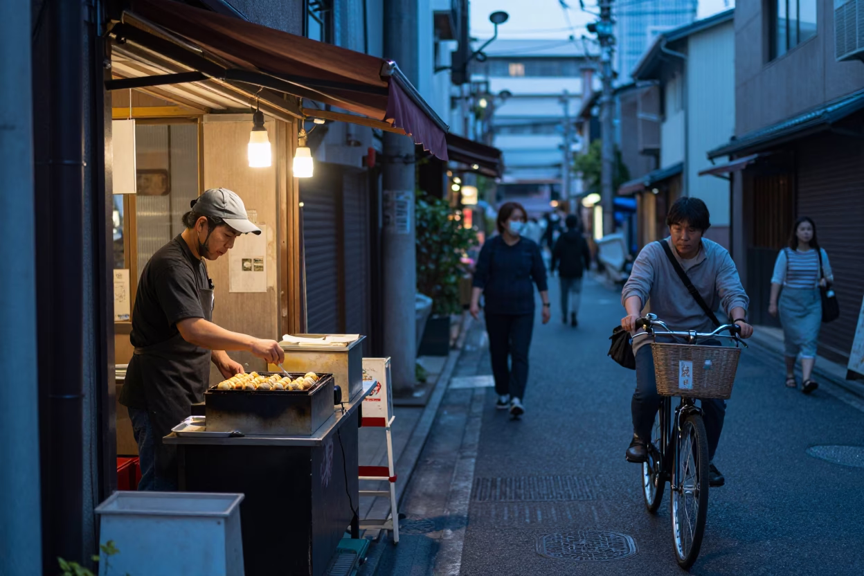 Busy Tokyo Street Scene at Nautical Dawn with Bicycle and Takoyaki Grill in in Tokyo, Japan