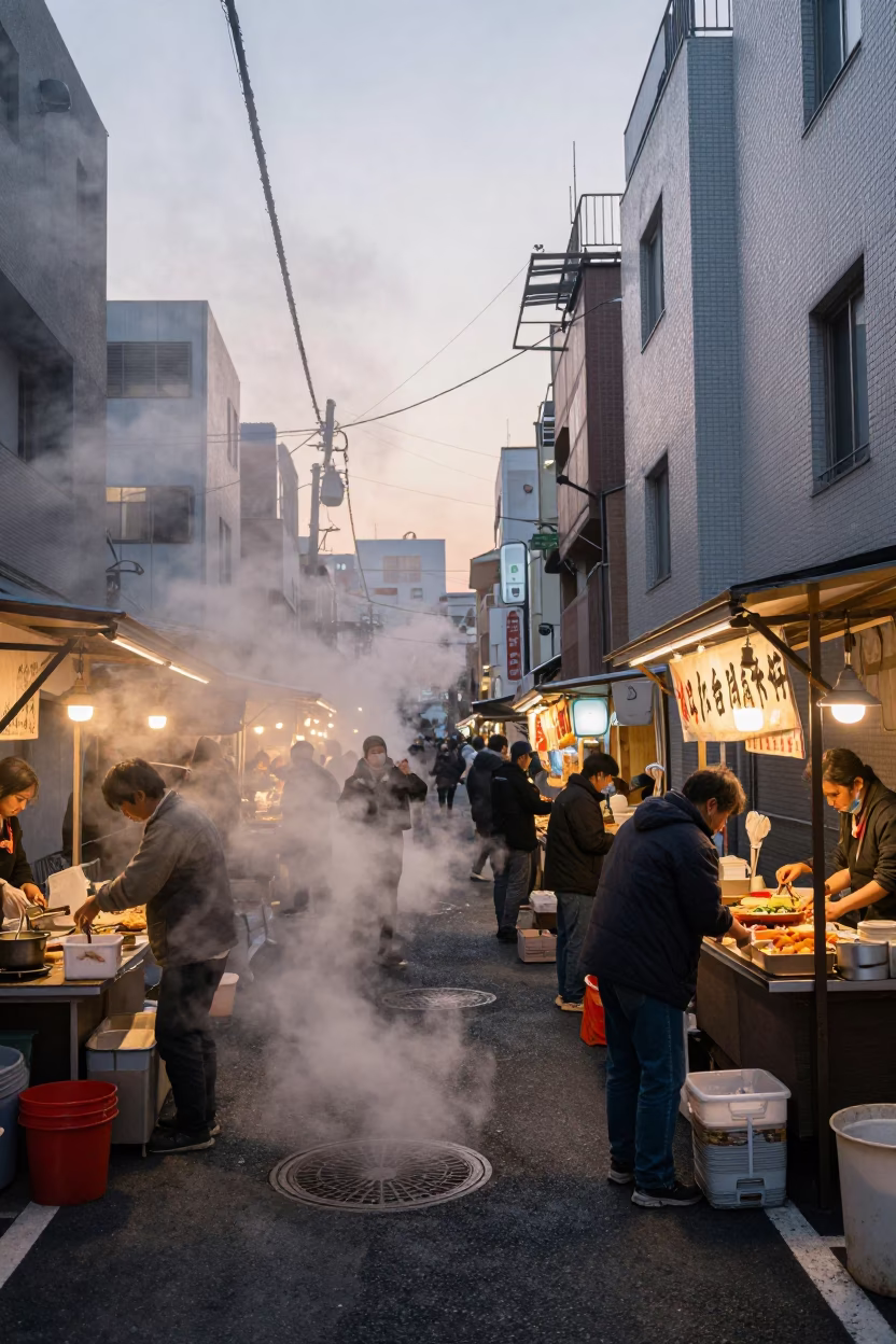 Busy Tokyo Street Scene at Nautical Dawn with Steam Haze and Local Commerce in in Tokyo, Japan
