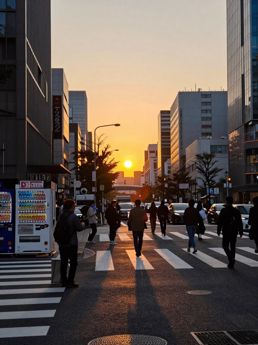 Busy Tokyo Street Scene at Sunset with Kite Reel and Local Details in in Tokyo, Japan