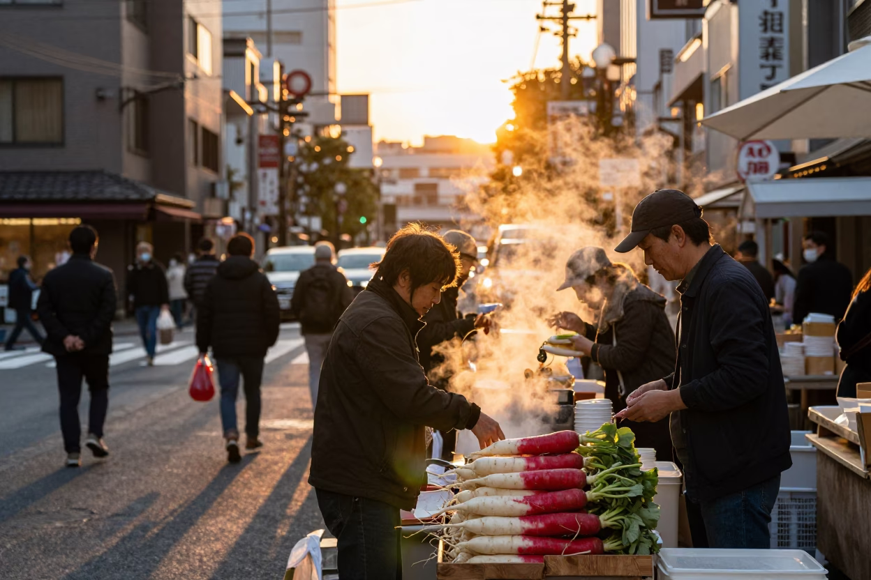Busy Tokyo Street Scene at Sunset with Radishes and Tiffin Tin in Shitamachi Neighborhood in in Tokyo, Japan