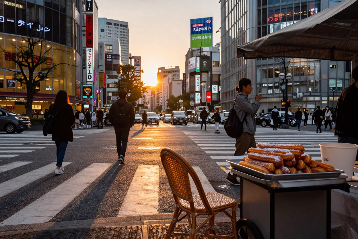Busy Tokyo Street Scene at Sunset with Rattan Chair and Local Interaction in in Tokyo, Japan