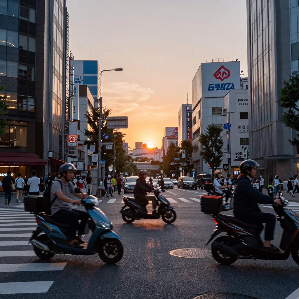Busy Tokyo Street Scene at Sunset with Scooter and Urban Details in in Tokyo, Japan