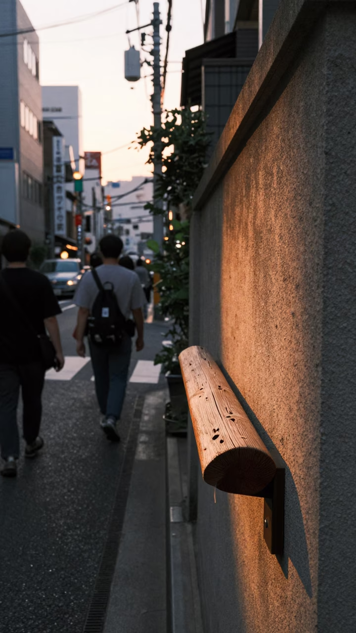 Busy Tokyo Street Scene at Sunset with Wooden Peg Rail and Metal Cup in in Tokyo, Japan