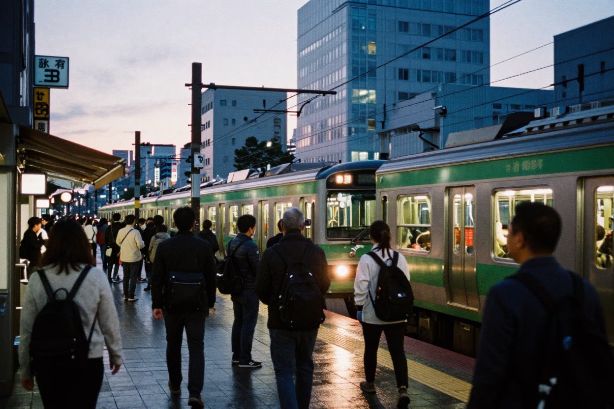 Busy Tokyo Street Scene Before Dawn with Commuter Train and Vintage Folding Stools in in Tokyo, Japan