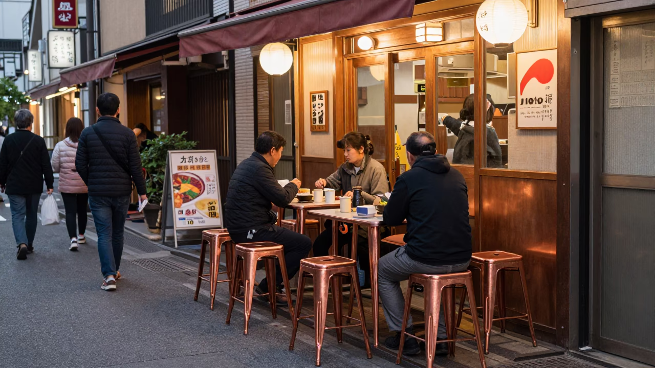 Busy Tokyo Street Scene Before Dusk with Metal Stools and Decanter in in Tokyo, Japan