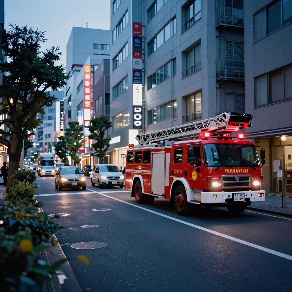 Busy Tokyo Street Scene Before Sunrise with Fire Engine and Neon Signs in in Tokyo, Japan