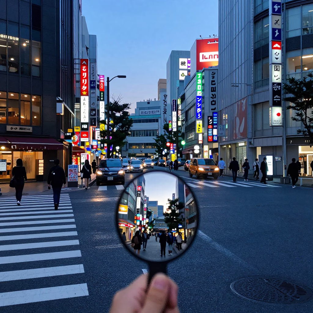Busy Tokyo Street Scene Before Sunrise with Hand Mirror Reflection in in Tokyo, Japan