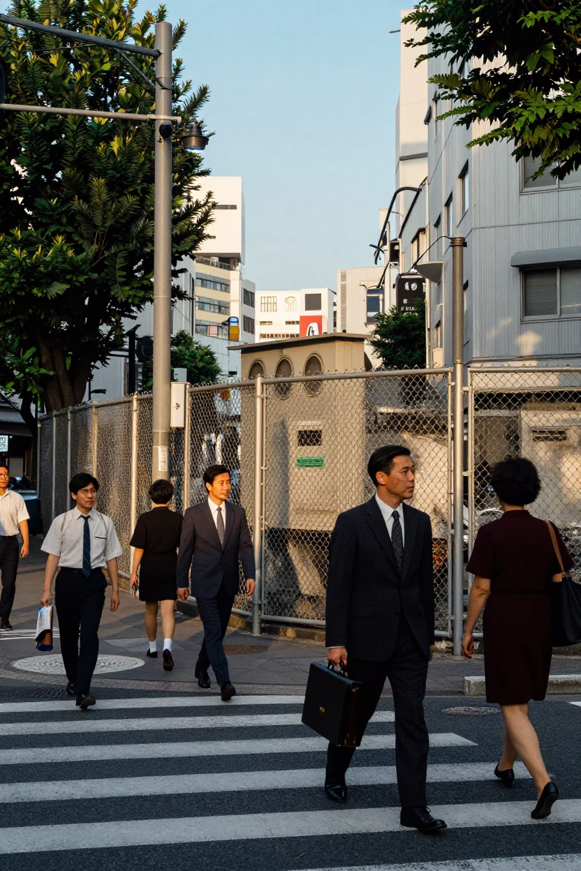 Busy Tokyo Street Scene Early Afternoon with Substation Fence and Warning Placards in in Tokyo, Japan