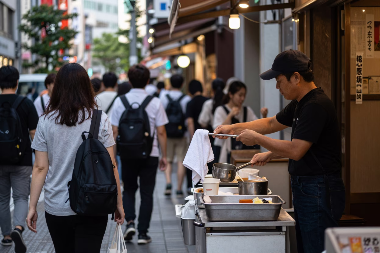 Busy Tokyo Street Scene Early Afternoon with Towel and Ladle Details in in Tokyo, Japan
