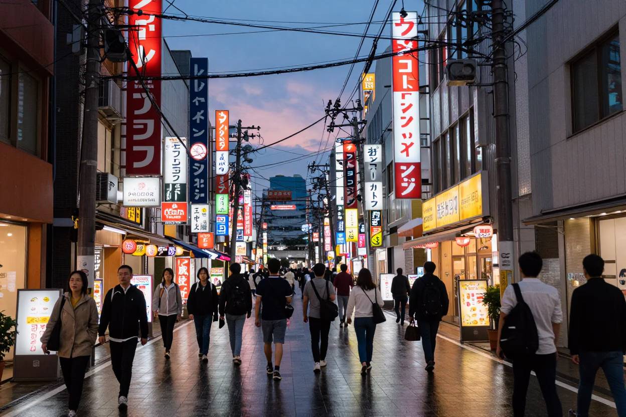 Busy Tokyo Street Scene Early Evening with Neon Signs and Urban Life in in Tokyo, Japan
