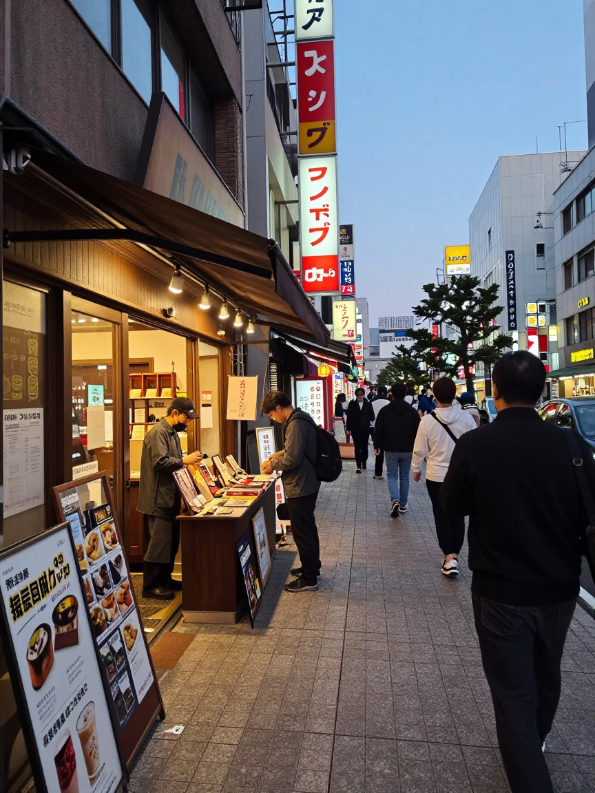 Busy Tokyo Street Scene Early Evening with Vintage Storefront and Pedestrians in in Tokyo, Japan