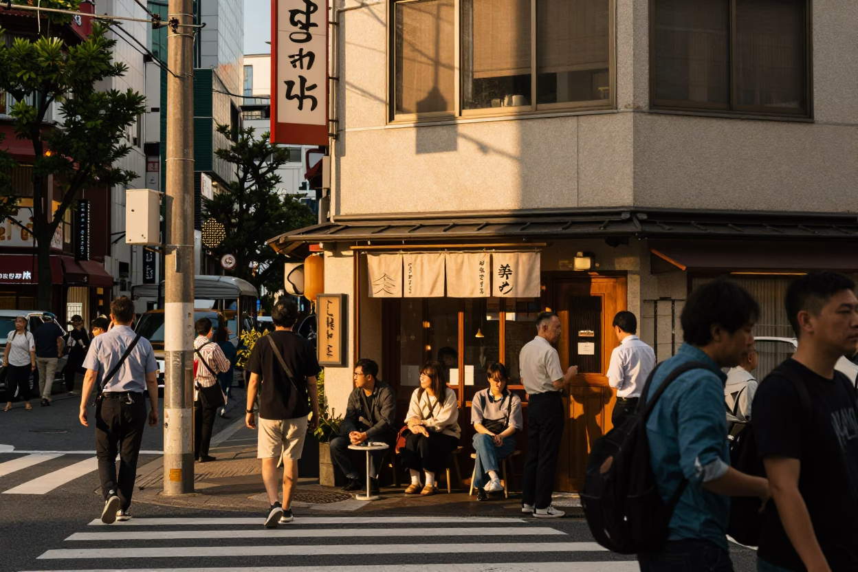 Busy Tokyo Street Scene in Honeyed Evening Light with Local Dining and Ceramic Cups in in Tokyo, Japan
