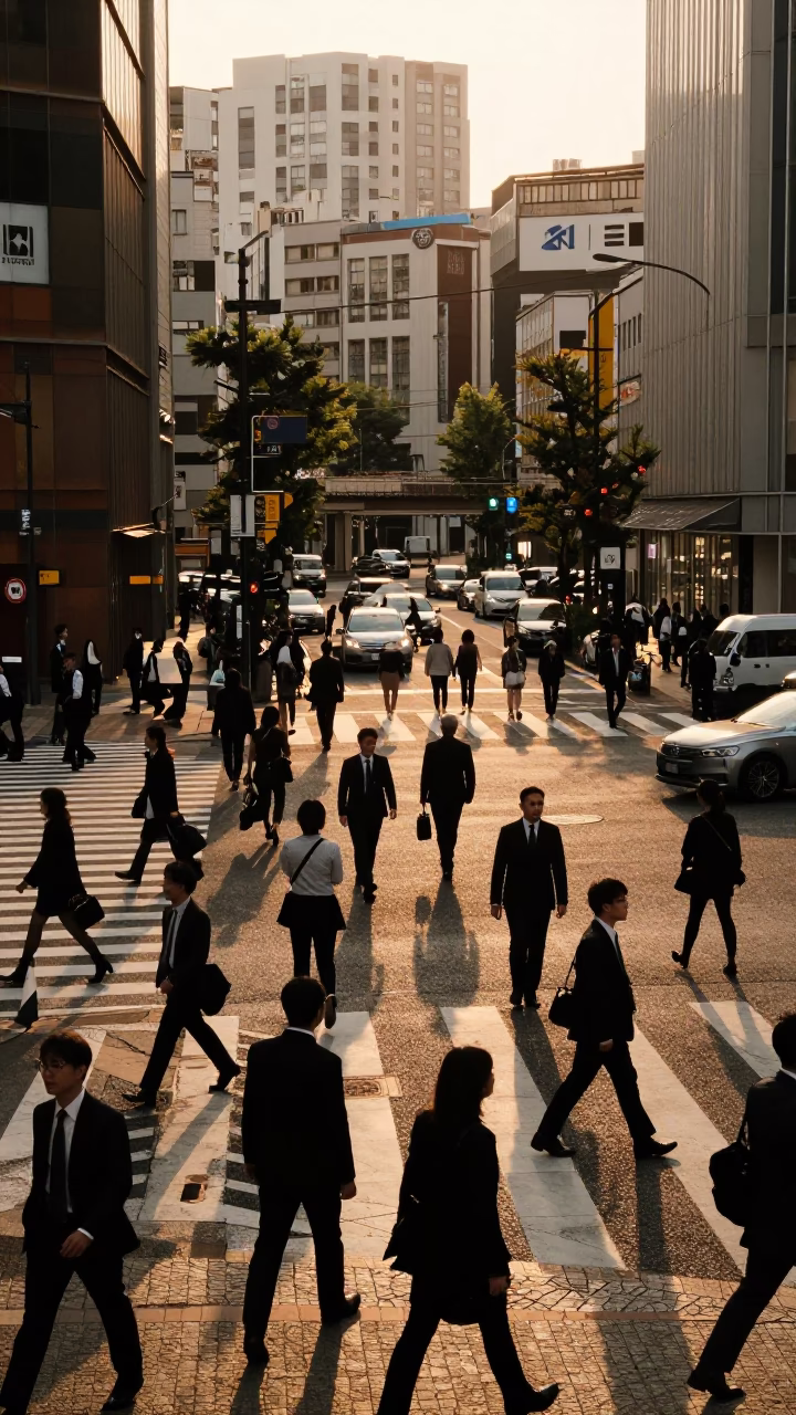 Busy Tokyo Street Scene in Honeyed Evening Light with Steam Rising from a Cup in in Tokyo, Japan