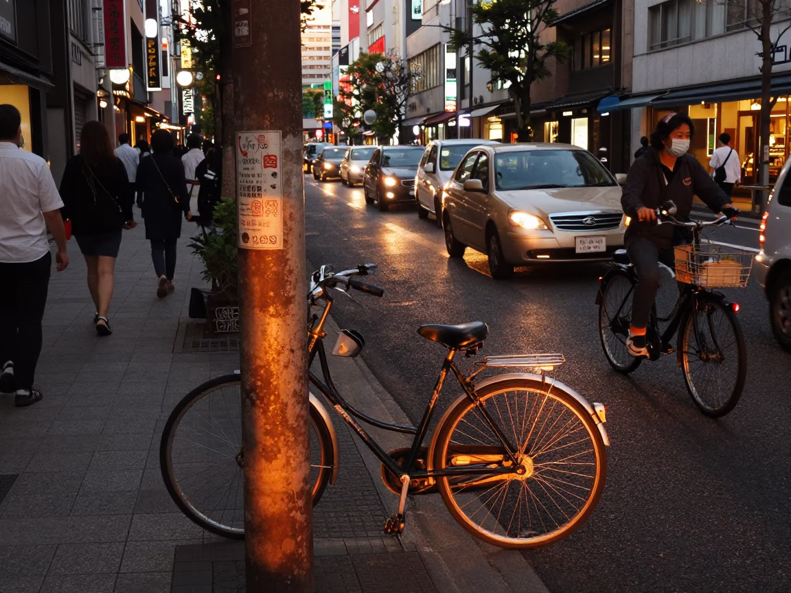 Busy Tokyo Street Scene in Honeyed Evening Light with Vintage Details in in Tokyo, Japan