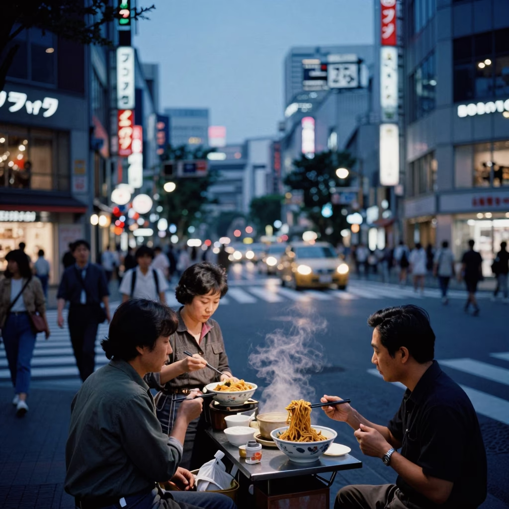 Busy Tokyo Street Scene in Indigo Twilight with Neon Signs and Commuters in in Tokyo, Japan
