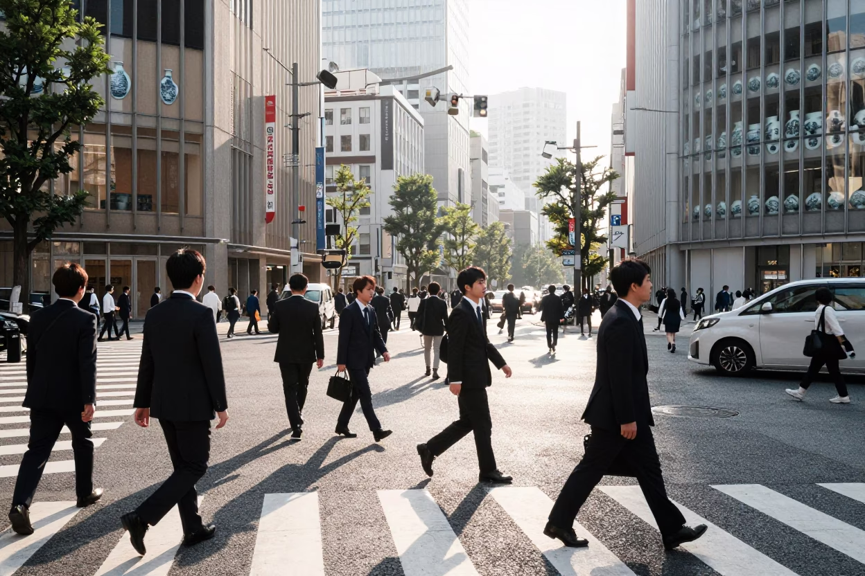 Busy Tokyo Street Scene Just After Sunrise with Commuters and Traditional Porcelain in in Tokyo, Japan