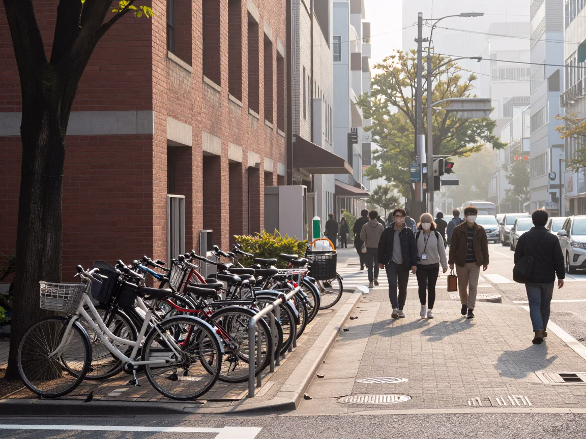 Busy Tokyo Street Scene Just After Sunrise with Morning Commuters and Local Shop Details in in Tokyo, Japan