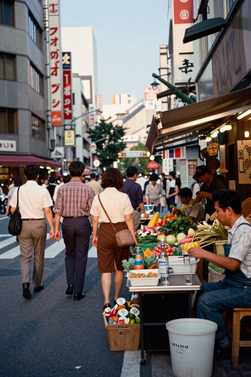 Busy Tokyo Street Scene Late Afternoon Light 1960s Era Realistic Photograph in in Tokyo, Japan