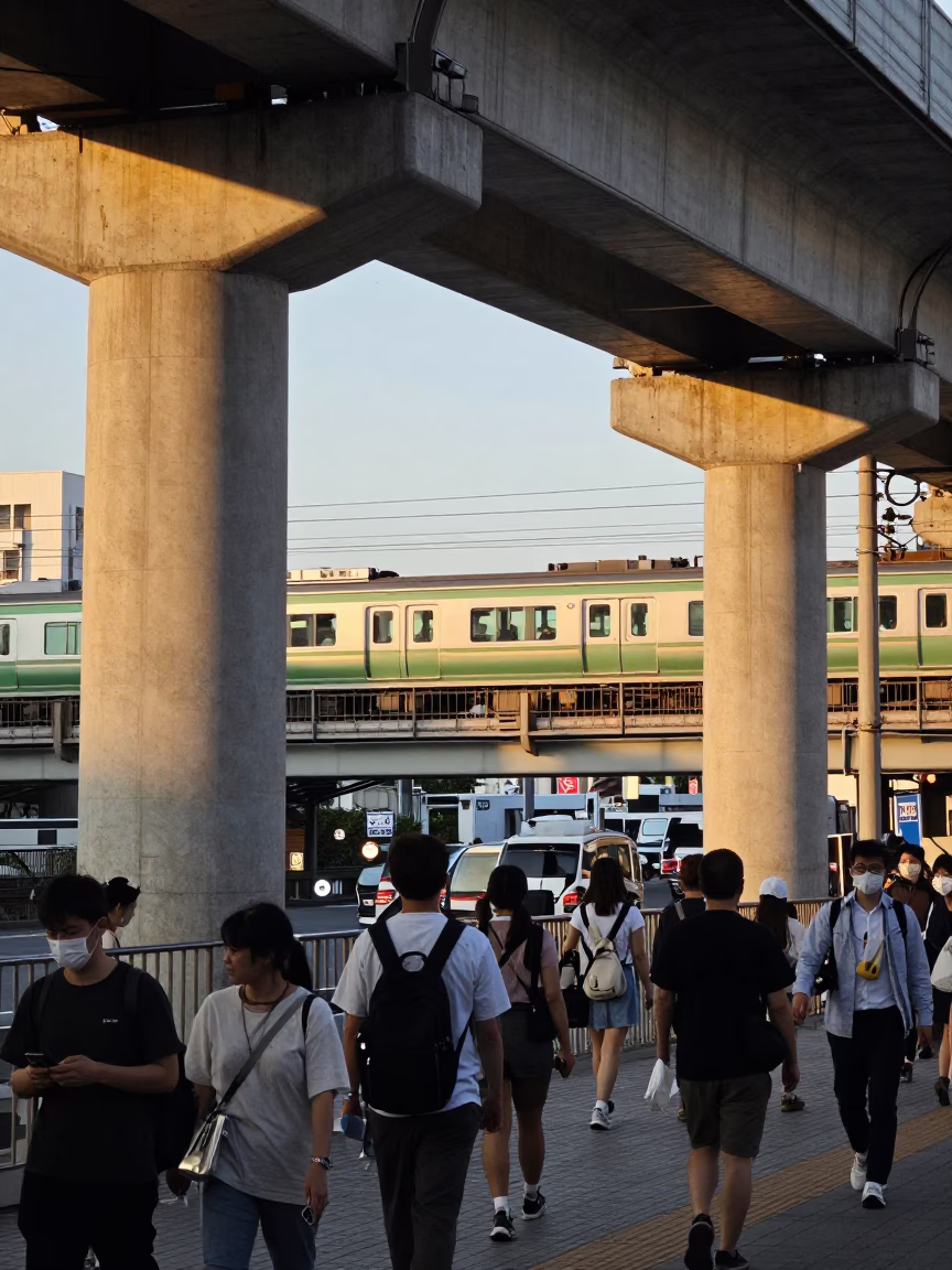 Busy Tokyo Street Scene Late Afternoon with Freight Train and Processional Float Elements in in Tokyo, Japan