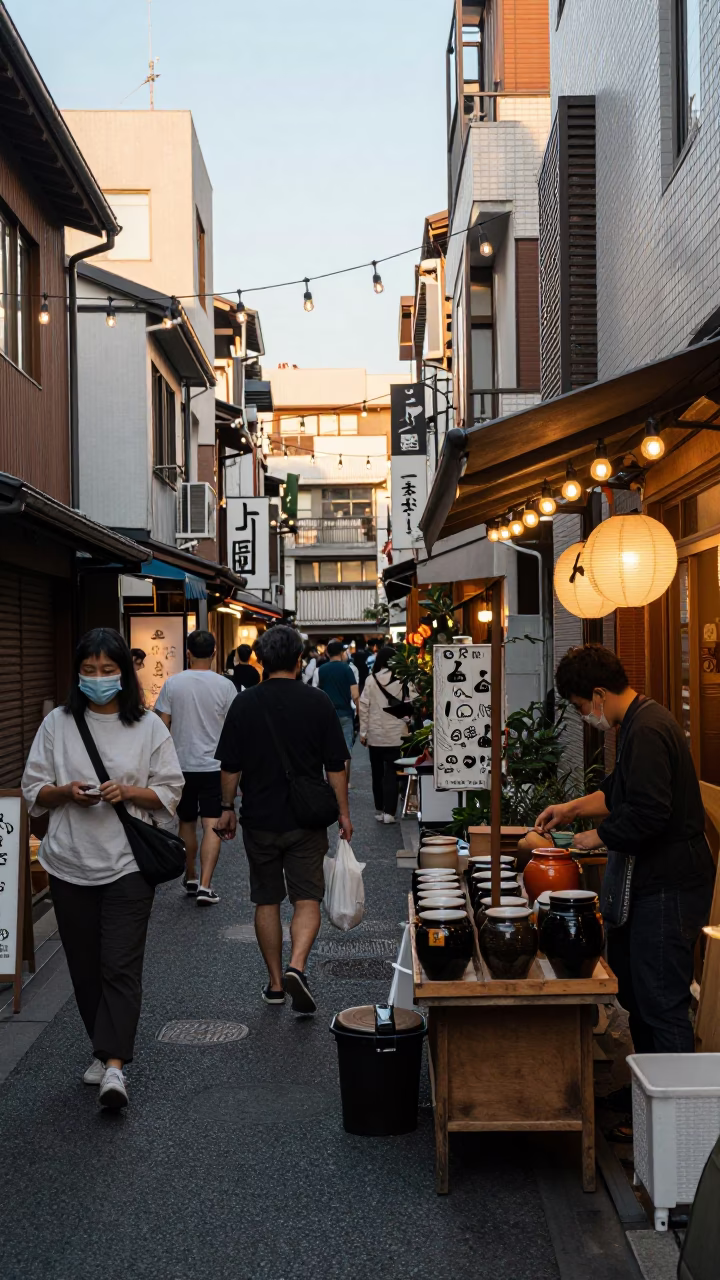 Busy Tokyo Street Scene Late Afternoon with String Lights and Traditional Elements in in Tokyo, Japan