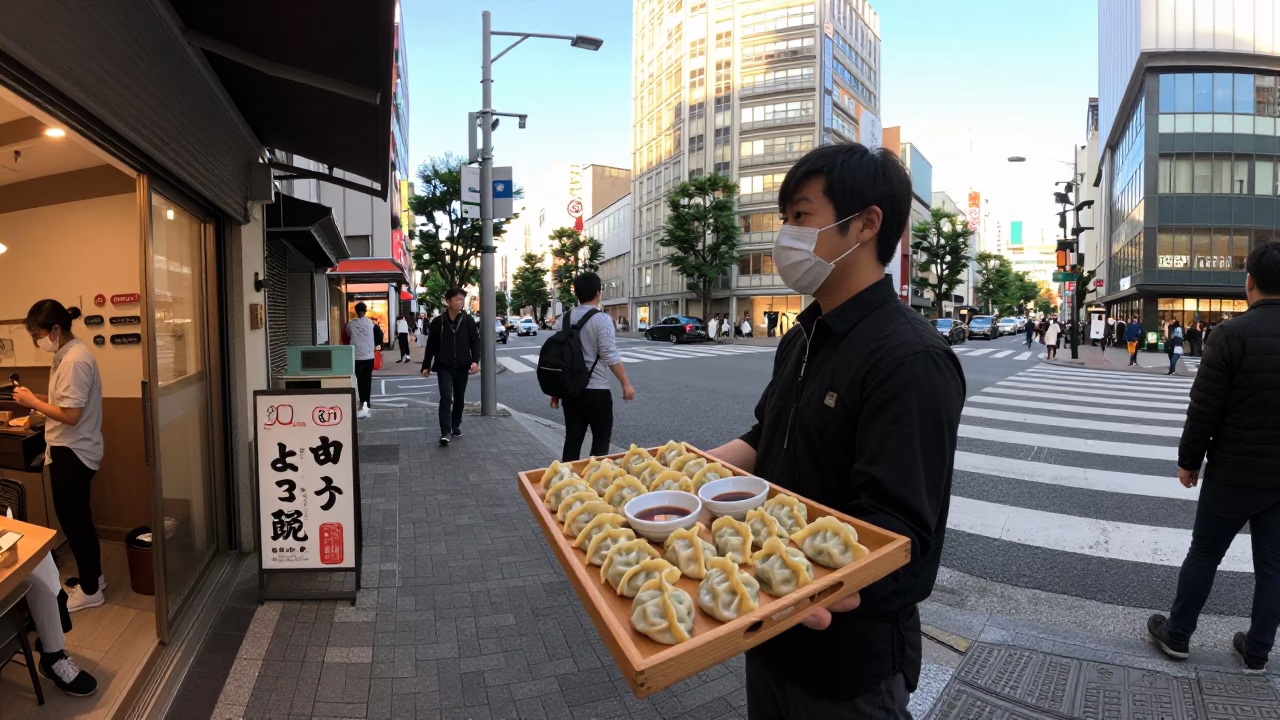 Busy Tokyo Street Scene Late Afternoon with Tray of Gyoza and Brass Escutcheon Details in in Tokyo, Japan