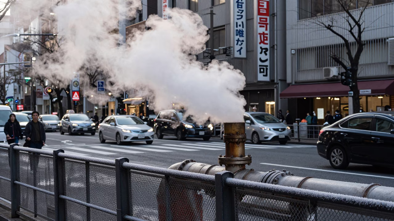 Busy Tokyo Street Scene Late Morning with Steam Pipes and Local Life in in Tokyo, Japan
